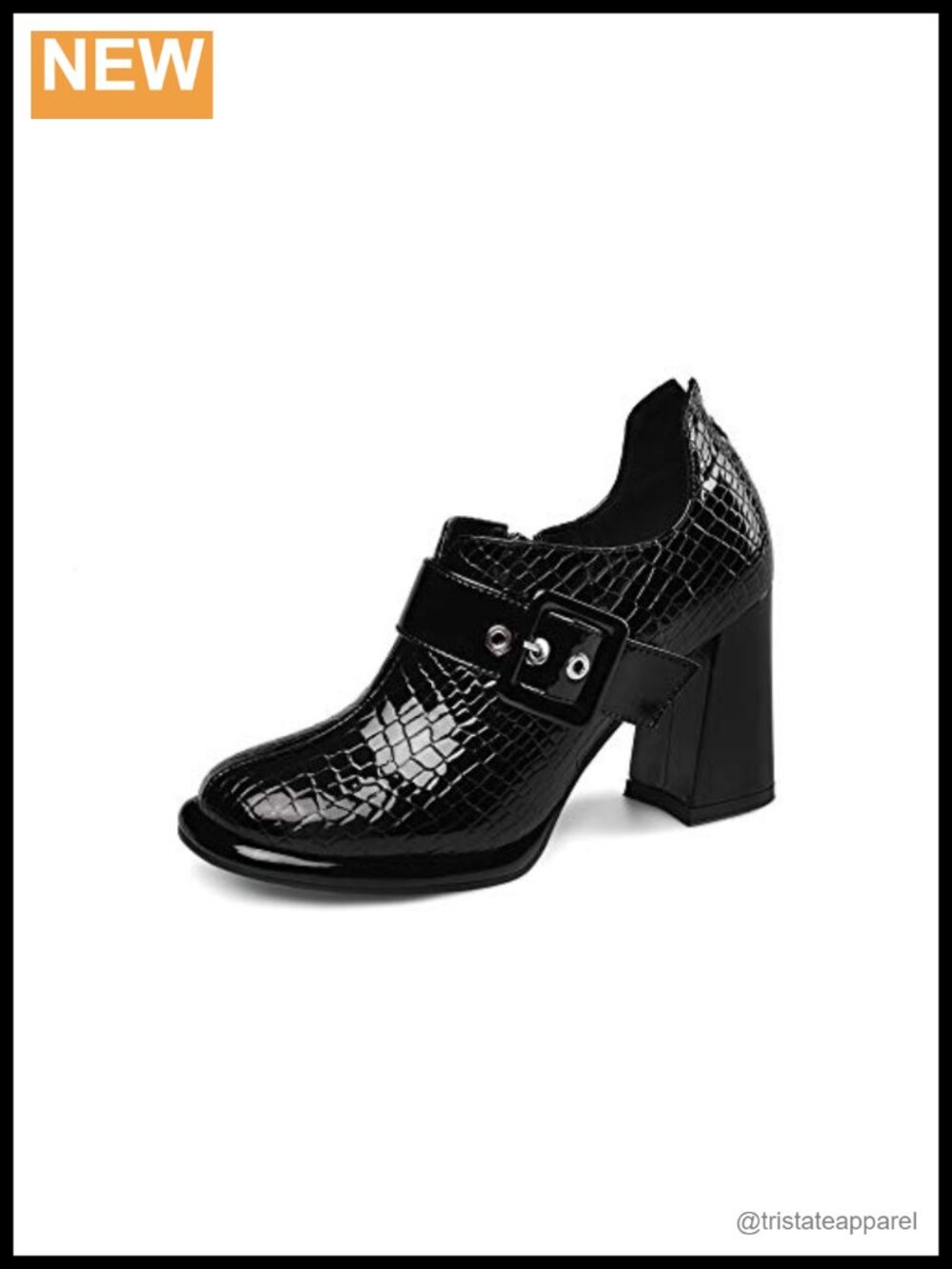 Women's Round Toe Zip Up Buckled Pumps Faux Leather High Chunky Heel